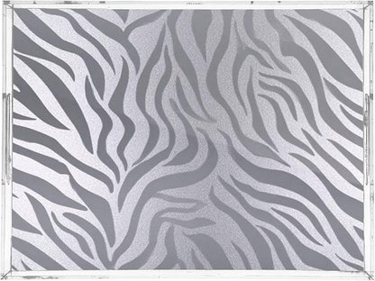 Serving Tray with Handles Clear Acrylic Tray 12x16 Inch Decorative Rectangular Tray Organizer for Ottoman Coffee Table Bathroom Light Silvery Zebra Print