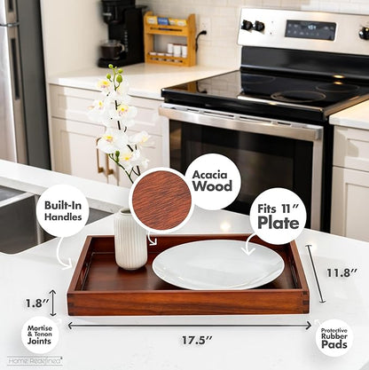 Acacia Wood Serving Tray with Handles, 17.5x12 – Decorative Serving Trays Platter for Breakfast in Bed, Lunch, Dinner, Appetizers, Patio, Ottoman, Coffee Table, BBQ, Party –Great for Lap & Couch