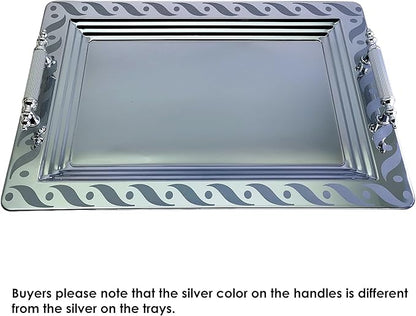 (Pack of 2) 17.9 inch x 12.9 inch Rectangular Chrome Plated Silver Serving Tray with Handles in Different Pattern Stylish Floral Engraved Decorative Party Dessert Platter Plate NC-070