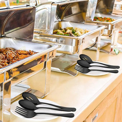 Silverware Sets, Includes 2 Serving Spoon,2 Slotted Serving Spoon, 2 Serving Fork, Stainless Steel Serving Spoons for Parties,Buffet Serving Utensils Set (Black)