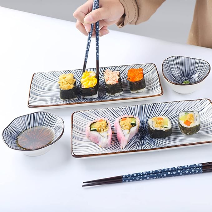 Artcome 10 Pcs Japanese Style Ceramic Sushi Plate Dinnerware Set for Wedding Housewarming - 2 Sushi Plates, 2 Sauce Dishes, 2 Snack Bowl, 2 Pairs of Chopsticks, 2 Chopsticks Holders, Blue