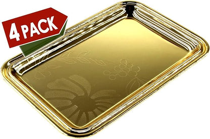 (Pack of 4) 7 inch x 4.7 inch Rectangular Iron Gold Plated Mirror Serving Tray Floral Engraved Decorative Party Birthday Wedding Buffet Wine Decor Platter Plate Base Dish CC-1155