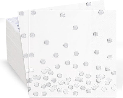80 Pack of White Paper Cocktail Napkins with Gold Foil Polka Dot Confetti，Polka Dot Party Supplies(5 x 5 in，3-ply) (Silver)