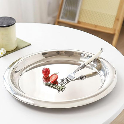 Pssopp DishFruit PlattersTrays Serving Tray, Silver Circular Metal Platter Decorative Tray for Displaying Whiskey Flutes Coffee Table Stainless Steel Round Stainless Steel Round (L)