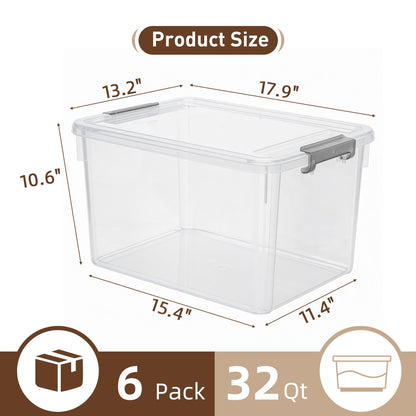 6 Packs 32 QT Plastic Storage Bins with Lids Large Stackable Storage Containers for Organizing Clear Storage Box for Garage (6 Count)