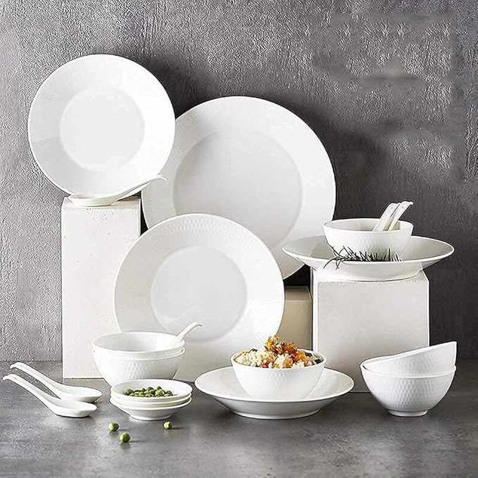 Fine Dinnerware Set,White Porcelain Dinnerware Set, Ceramic Plates and Bowls Sets, Vintage Round Dishes Set Dinner Plates for Kitchen/Dining, Service for 6