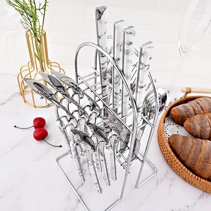24Pcs White Imitation Marble Pattern Handle Flatware Silverware Set with Stand, Stainless Steel Cutlery Set for 6, Square Handle Eating Utensils, Mirror Polished