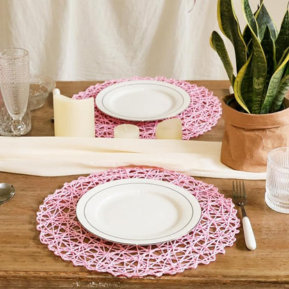 AHHFSMEI Paper Braided Round Placemats Set of 8 Natural Non-Slip Heat Resistant Table Mats for Dining Tables Woven Indoor Outdoor Place mats(Pink,8)