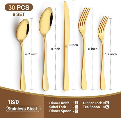 Gold Silverware Set, 30 Piece Flatware Cutlery Set for 6, 18/0 Stainless Steel Silverware, Mirror Polished Cutlery Utensil Set Includes Knife Fork Spoon For Home Kitchen Restaurant Gift