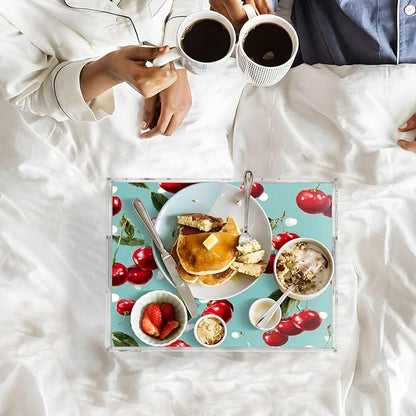 Serving Tray with Handles Clear Acrylic Tray 12x16 Inch Decorative Rectangular Tray Organizer for Ottoman Coffee Table Bathroom White Dots Red Cherry