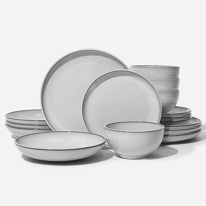 16 Piece Double Bowl Dinnerware Sets with Pasta Bowls, Highly Chip and Crack Resistant Plates and Bowls Sets, Natural Earthyware Ceramic Dishware Sets, Service for 4 Moonstone White