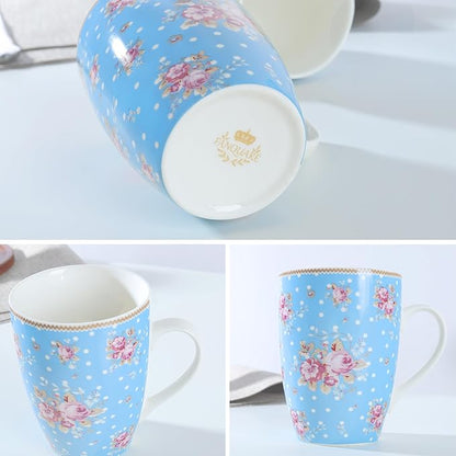 fanquare 10 Ounce Blue Floral Polka Dot Mug Set of 4, Ceramic Coffee/Tea Mugs with Pink Flower Pattern, Cute Drinkware for Home Office, Microwave & Dishwasher Safe