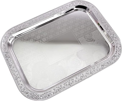 (Pack of 2) 19.1 inch x 14.4 inch Oblong Chrome Plated Serving Tray Stylish Design Floral Engraved Edge Decorative Party Wedding Dessert Buffet Wine Platter Plate Birthday Gift NC-063