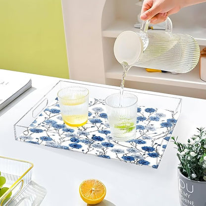 Serving Tray with Handles Clear Acrylic Tray 12x16 Inch Decorative Rectangular Tray Organizer for Ottoman Coffee Table Bathroom Washable Chinese Style Cornflower