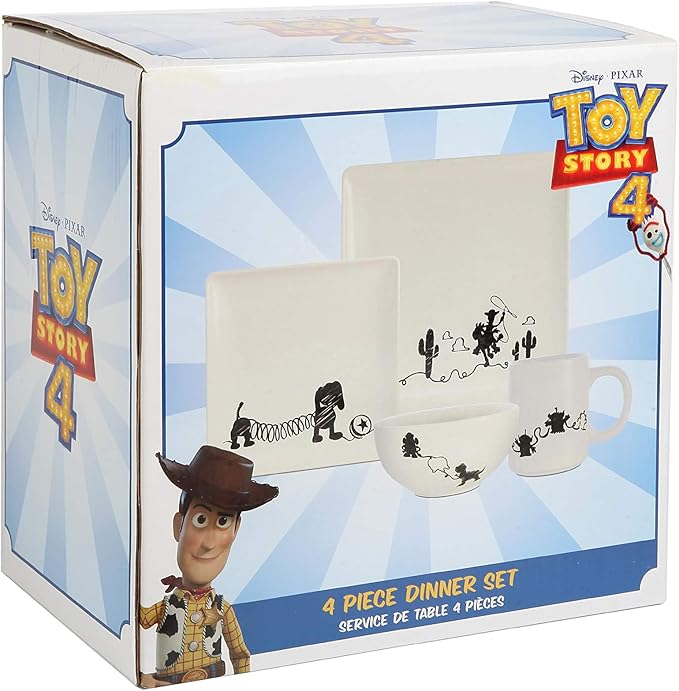 Toy Story 4-Piece Ceramic Dinnerware Set With Scribble Design - Cute Character Line Drawings - Beautiful Glazed White Square Dinner & Salad Plates With 16 Oz. Bowl & 11 Oz. Mug Place Setting