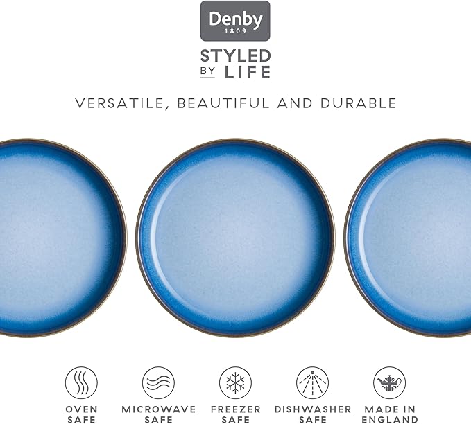 Denby - Blue Haze Coupe Small Plates Set of 6 - Dishwasher Microwave Oven Safe - Scratch Chip Resistant - Appetizer Ceramic Stoneware Dinnerware Plates Set