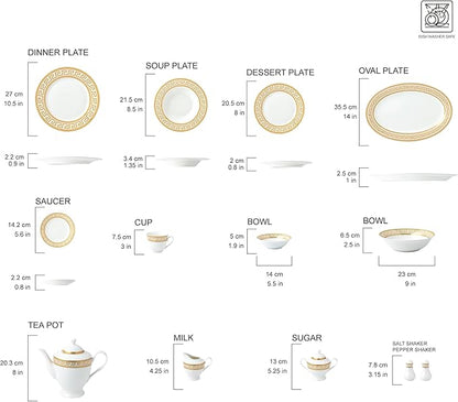 G1347-57G, 57-PCs Bone China Porcelain Dinnerware Set, Antique Greek Designed Tableware Set, Dining Table Setting for 8, Set of 57