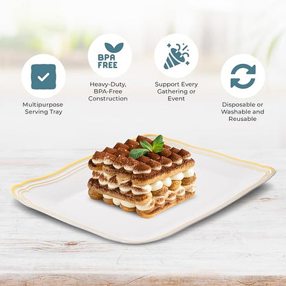 Posh Setting - White Plastic Serving Trays 6 Pack, Heavyweight Plastic Trays for Serving Food Party, Gold Rim Border Disposable Serving Platters and Trays, Platters for Serving Food Party - 12"x12"