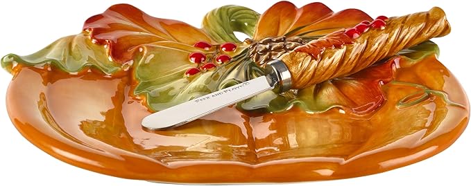 Fitz and Floyd Fall Harvest Pumpkin Snack Appetizer Plate with Spreader Set, 7 inch