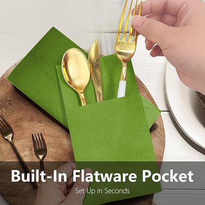 Meadow Linen Feel Napkins with Flatware Pocket, 50 Pack Cloth Like Pre-Folded Napkins for Silverware, Guest Hand Towel for Dinner Party Wedding Decoration (16. x 15.5 inch)