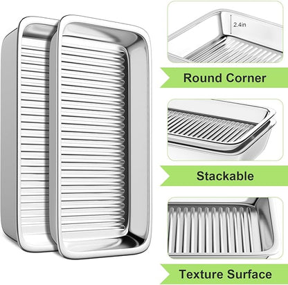 Grilling Prep and Serve Trays, Set of 4 Stackable Stainless Steel BBQ Trays with Cutting Board, Deep Marinating Container, Serving Platter for Plating Food, BBQ Prep Tub for Marinating Meats