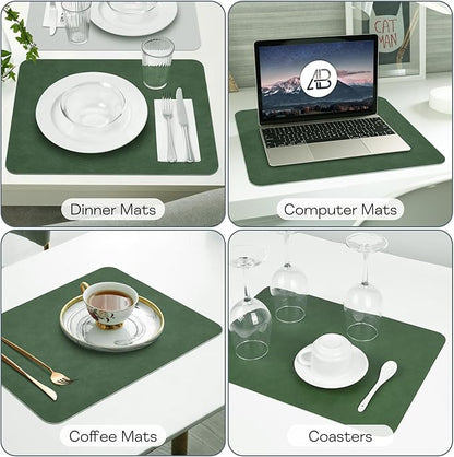 Faux Leather Placemats Set of 6, Vinyl Placemats Wipeable Waterproof Oil-Proof Table Mats, Heat Resistant Place Mats for Kitchen Indoor Outdoor, 16.9 x 11.8 Inch (Green/Grey)