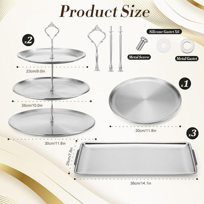 Zubebe 6 Pcs Dessert Table Display Set 2 Stainless Steel Cupcake Stand 3 Tier Cake Holder 3 Rectangle Serving Tray 1 Round Cake Tray Tiered Candy Cupcake Tower for Party Wedding Birthday (Silver)