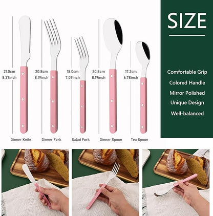 20 PCS Stainless Steel Flatware Set for 4, Silverware Set with Colored Handles, Retro Style Forks Spoons and Knives Set, Vintage Eating Utensils, Pink Acrylic Handle with Rivets Design