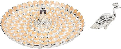 Peacock Shape Fruit Dish Tray, Decorative Storage Tray, Zinc Alloy Metal Snacks Plate Round Platter Serving Tray Cookie Storage Bowl for Home Party Cakes Cookies Candy (Silver Orange)