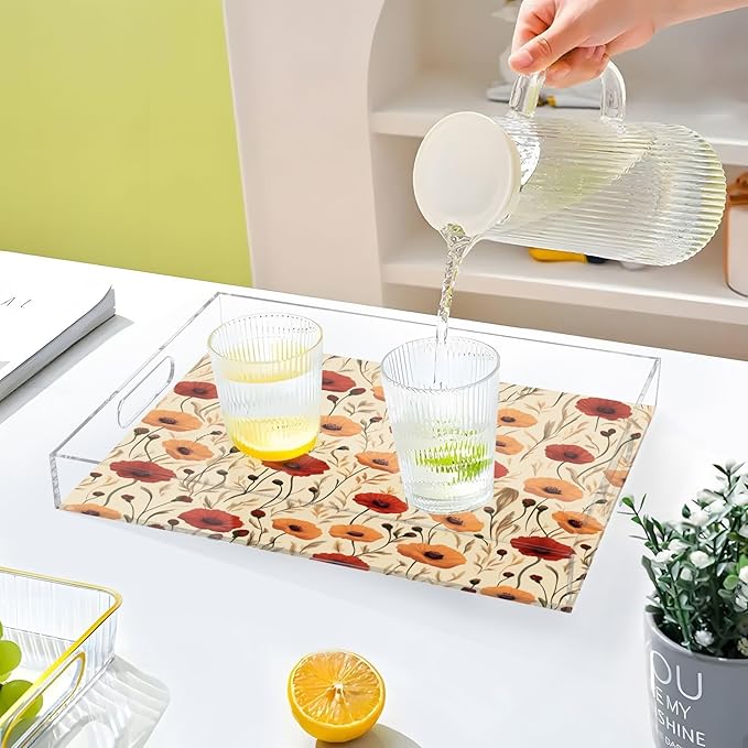 Serving Tray with Handles Clear Acrylic Tray 12x16 Inch Decorative Rectangular Tray Organizer for Ottoman Coffee Table Bathroom Cute Poppy Flowers Beige