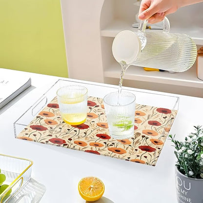 Serving Tray with Handles Clear Acrylic Tray 12x16 Inch Decorative Rectangular Tray Organizer for Ottoman Coffee Table Bathroom Cute Poppy Flowers Beige