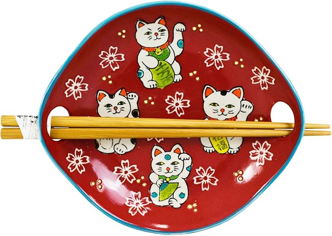 RiFHomDEc Pack of 2 Red Maneki Neko Lucky Cats Appetizer Coupe Plates with Chopsticks Set