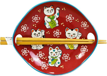 RiFHomDEc Pack of 2 Red Maneki Neko Lucky Cats Appetizer Coupe Plates with Chopsticks Set