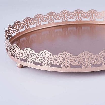 Plastic Round Premium Decorative Serving Tray with Embellished Rims - Rose Gold