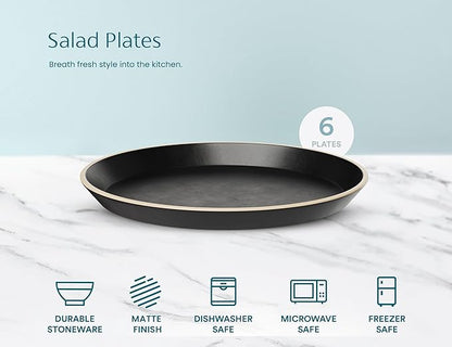 KooK Salad Plates, Ceramic Round Dishes for Appetizers and Desserts, Dishwasher & Microwave Safe, Stoneware, High Edge, 8.5 Inch, Set of 6, Charcoal Black