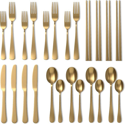 Upgraded 18/8 Stainless Steel 28-Piece Flatware Cutlery Set(Gold)-Silverware set for 4-Luxurious Home Kitchen Dinnerware Sets-Great Kitchen Accessories-Perfect House Warming/Christmas Gift