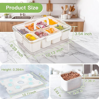 Chilled Snackle Box Container, Snacklebox with Reusable Ice Pack, Beach Essentials Insulated Bag for Parties, Road Trip, 8 Compartment Snack Container, for Fruits, Veggies, Snacks, Keep Food Cold