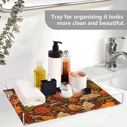 Serving Tray with Handles Clear Acrylic Tray 12x16 Inch Decorative Rectangular Tray Organizer for Ottoman Coffee Table Bathroom Brown Maple Leaves Acorns Berries Branches