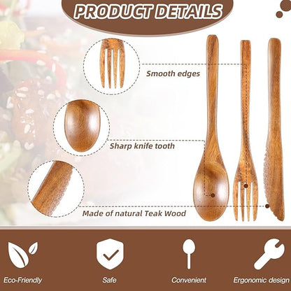 Geiserailie 12 Pcs Wooden Utensils for Eating Set Wooden Spoon Fork Knife Cutlery Set Kitchen Wood Utensils Dinner Flatware Tableware (Teak Wood)