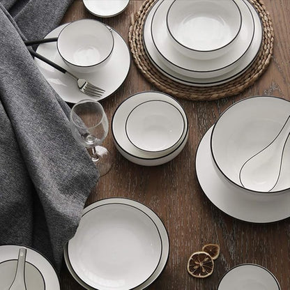 Fine Dinnerware Sets,Dinner Plate Ceramics Dinner Sets, Bowl/Dish/Spoon | Pure White Black Line Porcelain Combination Set