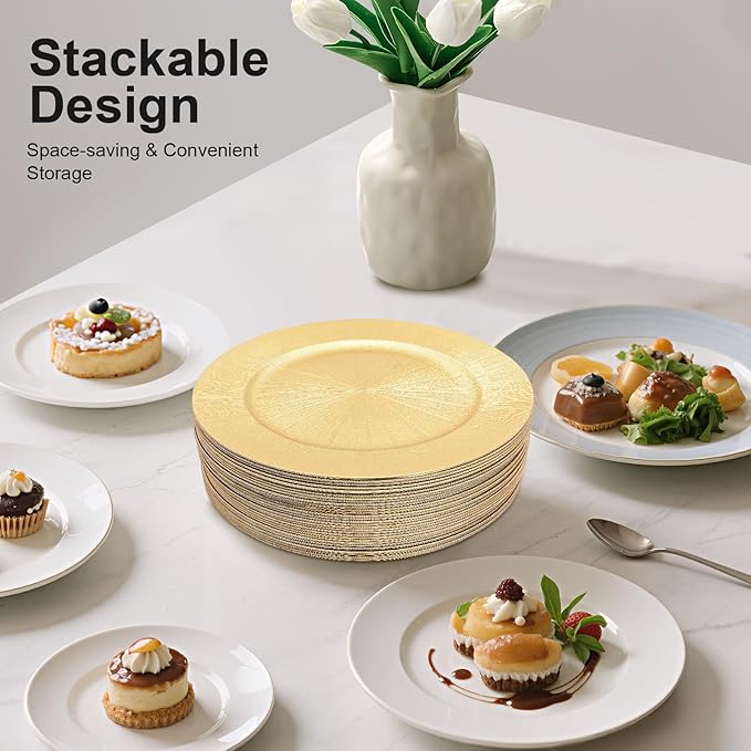 50 PCS Charger Plates Bulk, 13 Inch Plastic Round Charger Dinner Plates Simply Modern Service Plates Decorative Chargers Bulk for Table Setting Wedding Party Event(Gold)