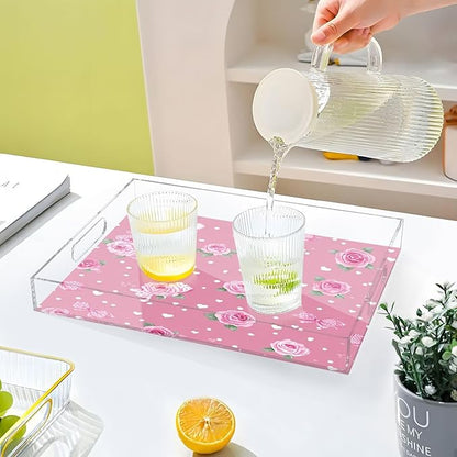Serving Tray with Handles Clear Acrylic Tray 12x16 Inch Decorative Rectangular Tray Organizer for Ottoman Coffee Table Bathroom Pink Valentine Heart Roses Bows
