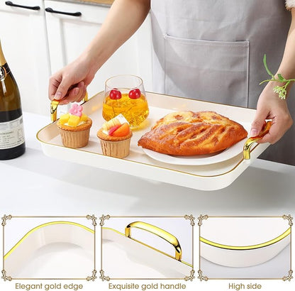 Rtteri Set of 6 Serving Platters with Handles 18.3/16.73/14.8 Inch Large Rectangular Serving Tray Reusable for Entertaining Dinner Party Wedding Decoration(Golden Handles,White)