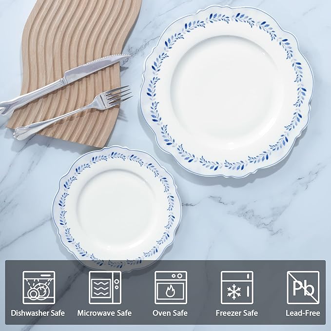 fanquare 8 Inch Porcelain Plates Set of 4, Blue Grass Ring Dessert Plates for Pasta, Pancakes, Steak, Microwave Safe Flat Farmhouse Style Decorative Plate