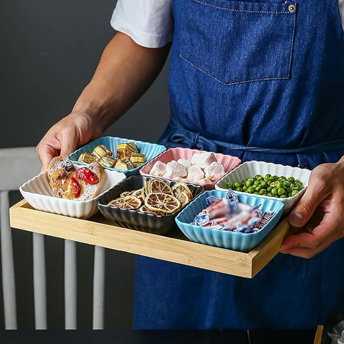 Appetizer Bowls 6 Compartment Divided Ceramic Sauce Dish Dipping Bowls Fruit Dessert Small Dish Appetizer Plates for Soy Sauce Vinegar Sushi Kethup BBQ Sauces(with Tray) Salad Bowls (Color : White)