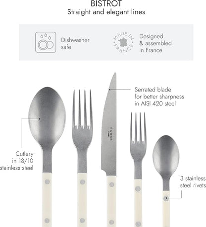 SABRE PARIS - 5-Piece Flatware Set - Bistrot Vintage Collection - Knife, Fork, Soup Spoon, Teaspoon & Dessert Fork - Stainless Steel & Nylon - Dishwasher Safe - Ivory - Mat Finish