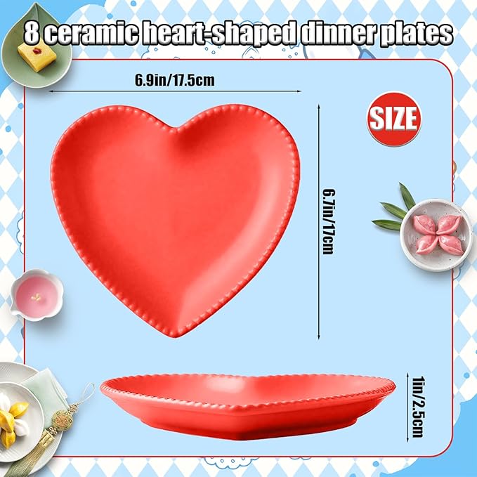 Ceramic Plates, 8 Pack Ceramic Dinner Plates Heart Dishes, Dessert Salad bowls For Appetizer, Steak, Snacks, Microwave & Oven Safe (Red)