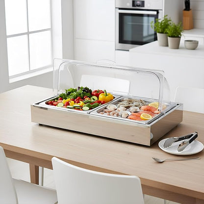 Uiifan Salad Bar Buffet Station for Home, Ice Food Serving Display Tray with Clear Roll Top Cover, Cold Food Buffet Server Trays with Clamps Spoons Ice Box for Restaurant Kitchen Party(2 Pans)
