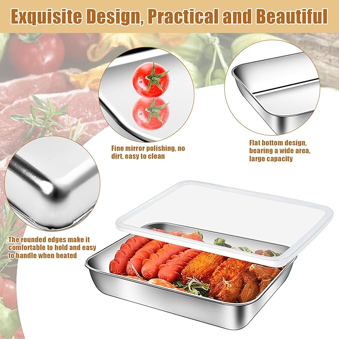 3 Pcs Stainless Steel Breading Trays,10.4 x 7.7 x 1.9 Inch Large Breading Pan with Lids & Tong for Dredging Chicken Breasts and Marinating Meat, Food Prep Trays for Fish, Panko, Schnitzel