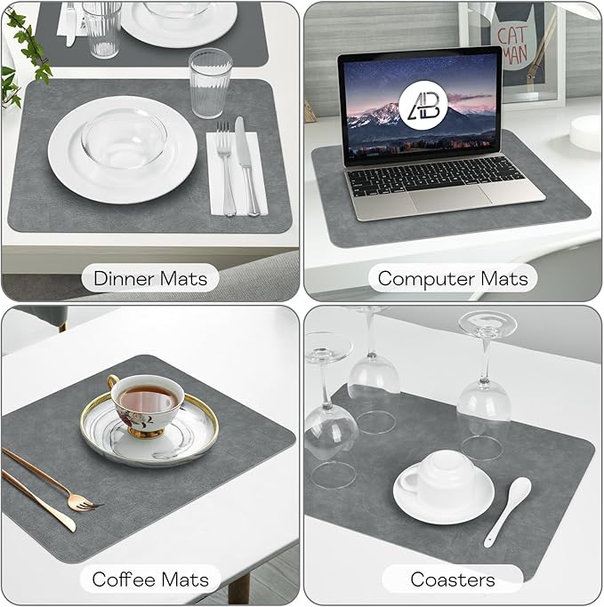Faux Leather Placemats Set of 6, Vinyl Placemats Wipeable Waterproof Oil-Proof Table Mats, Heat Resistant Place Mats, Table Mats for Kitchen Indoor Outdoor, 16.9 x 11.8 Inch (Grey)